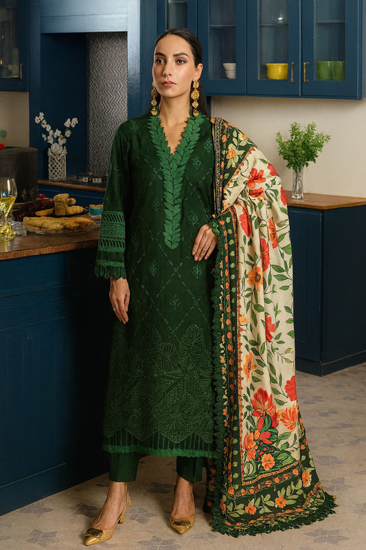 Mahnur Dhanak – 3PC Embroidered Suit | Deep Emerald Green | Premium Wool Shawl