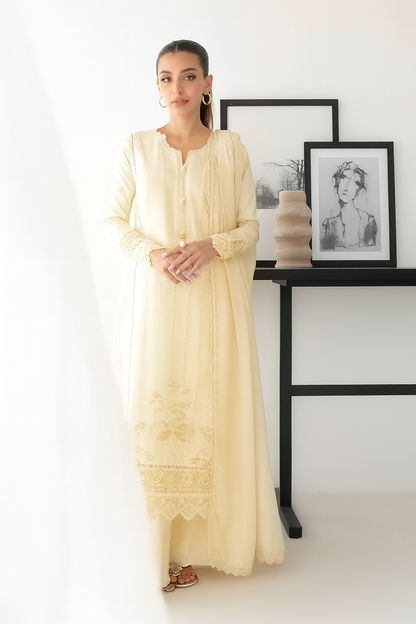 Zaib – Dhanak 3PC Embroidered Suit | Ivory Glow | Wool Shawl