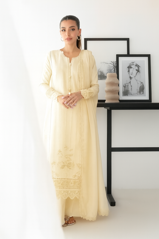 Zaib – Dhanak 3PC Embroidered Suit | Ivory Glow | Wool Shawl