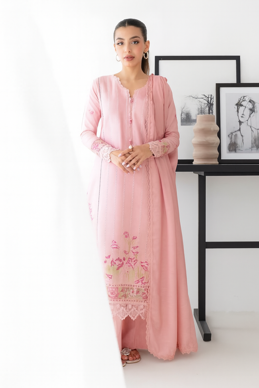Dhanak Zaib – 3PC Embroidered Suit | Soft Pink | Wool Shawl