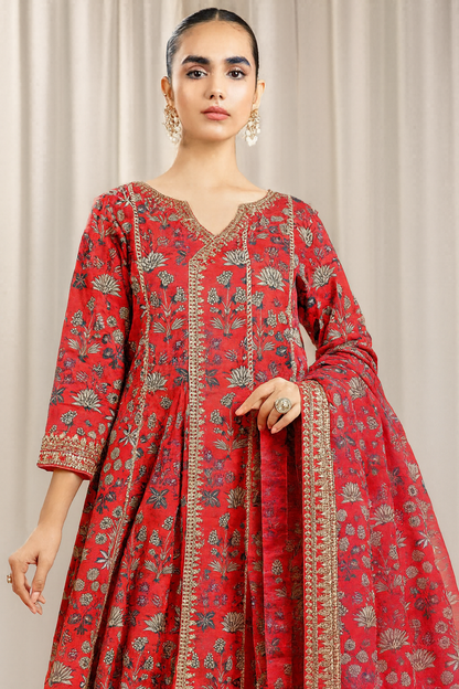 Maria.B – 3PC Embroidered Suit | Crimson Red | Swiss Voile Dupatta