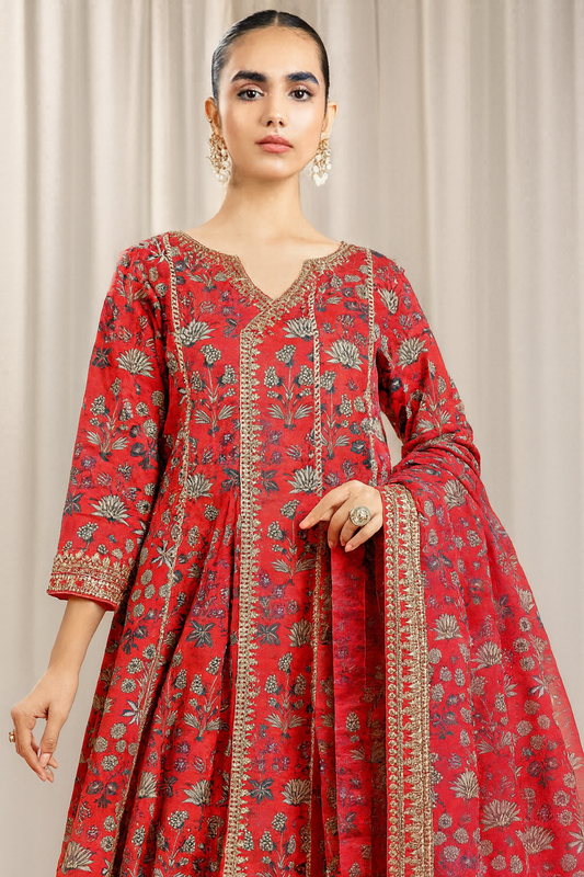 Maria.B – 3PC Embroidered Suit | Crimson Red | Swiss Voile Dupatta