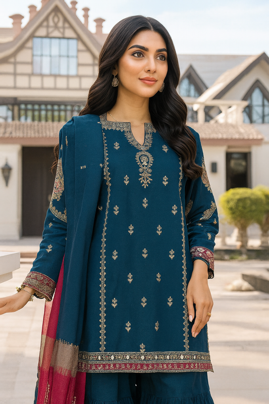 3PC Dhanak Embroidered Suit | Teal Blue & Rust | Digital Wool Shawl