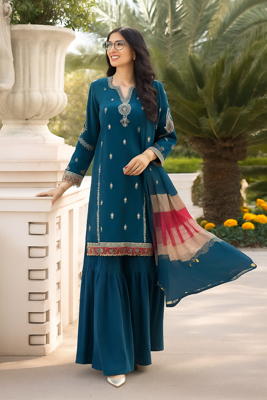 3PC Dhanak Embroidered Suit | Teal Blue & Rust | Digital Wool Shawl