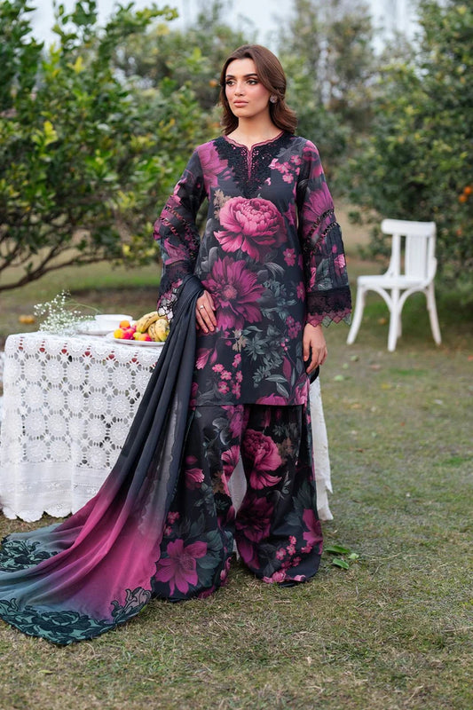 3-Piece Digital Printed Linen Suit – Black & Magenta Floral | Heavy Embroidery | Printed Collection