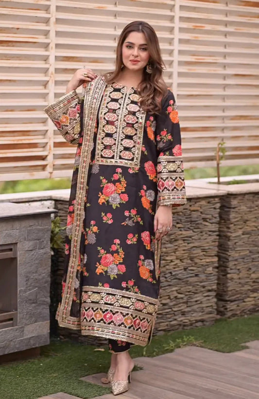 3-Piece Unstitched Silk Suit – Black Floral | Heavy Embroidery | Digital Print