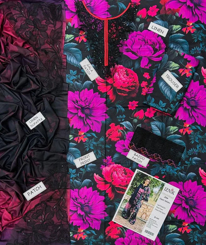 3-Piece Digital Printed Linen Suit – Black & Magenta Floral | Heavy Embroidery | Printed Collection