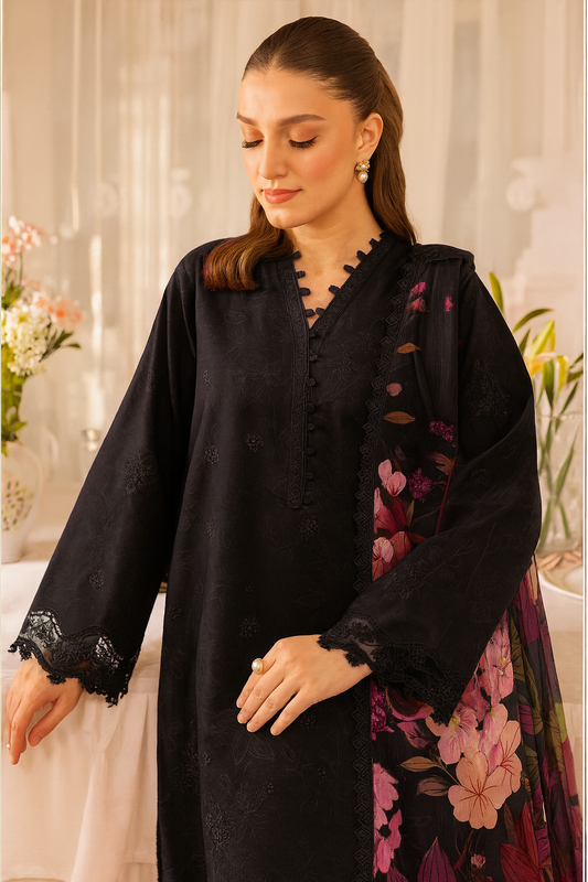 3-Piece Embroidered Dhanak Suit – Soft Peach | Heavy Sequence Work | Winter Collection