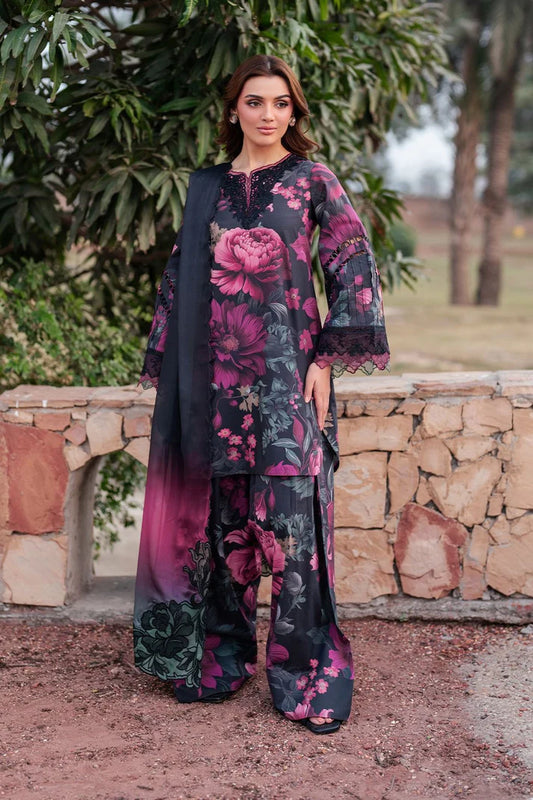 3-Piece Digital Printed Linen Suit – Black & Magenta Floral | Heavy Embroidery | Printed Collection