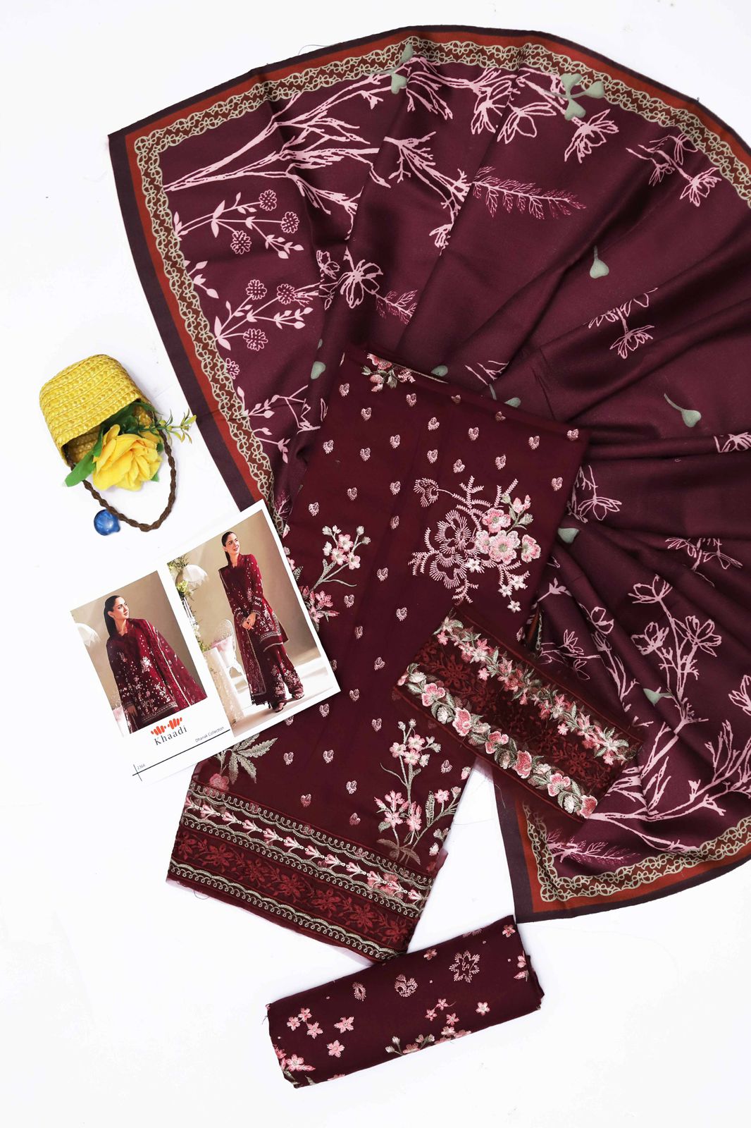 Khaadi Dhanak 3-Piece Embroidered Suit – Deep Maroon | Wool Shawl | Heavy Trouser Embroidery