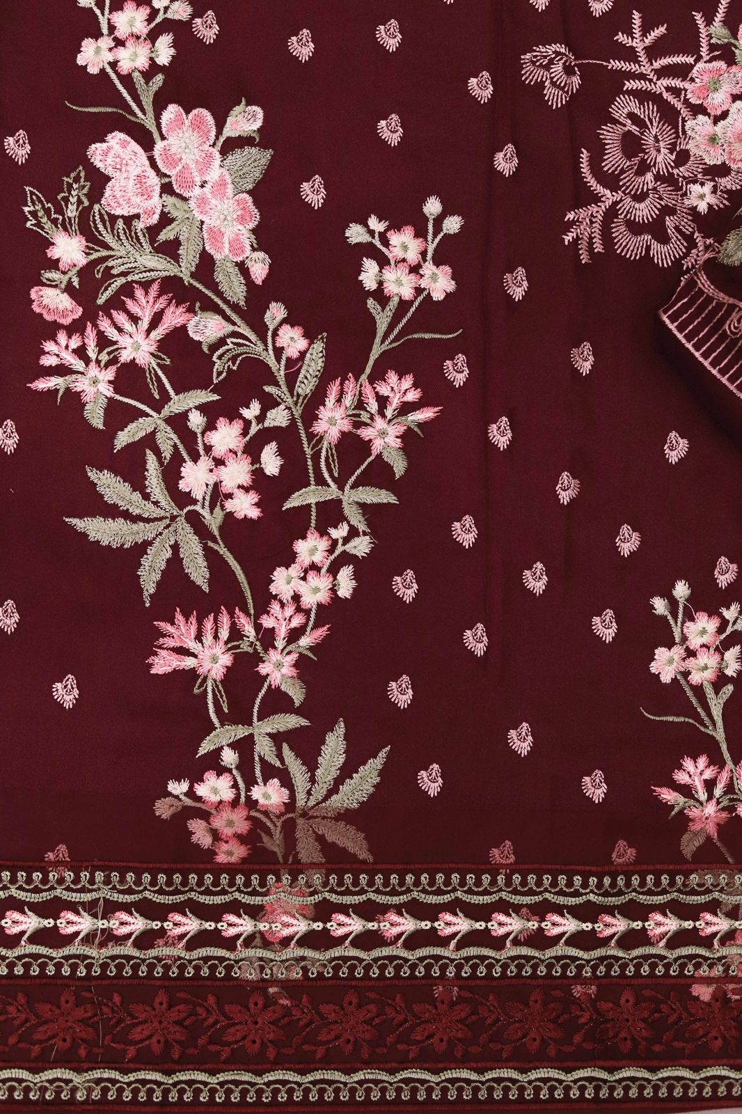 Khaadi Dhanak 3-Piece Embroidered Suit – Deep Maroon | Wool Shawl | Heavy Trouser Embroidery