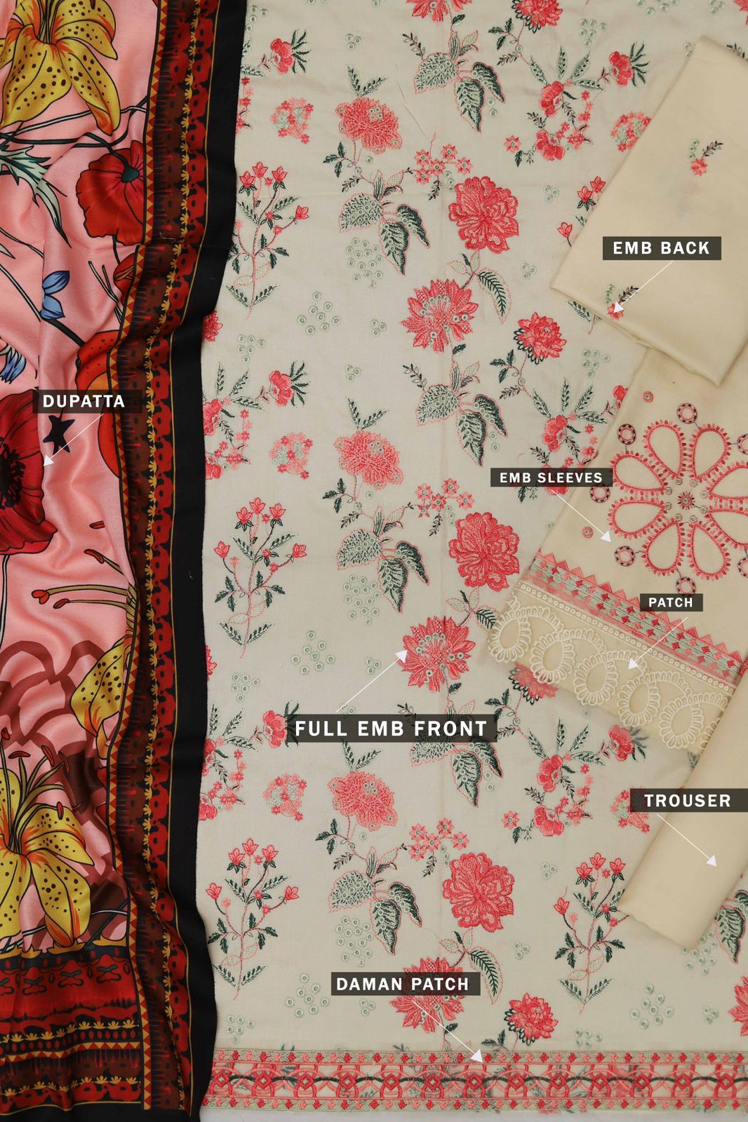 3-Piece Embroidered Suit – Ivory | Wool Shawl | Daman Patch