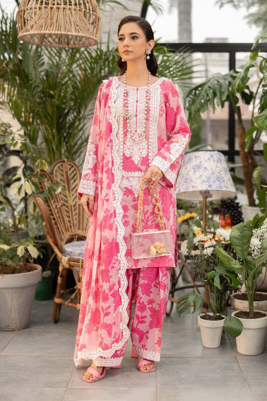 Maria B Digital Printed Linen 3-Piece – Pink Floral | Heavy Embroidery Patches | 4-Side Patti Dupatta
