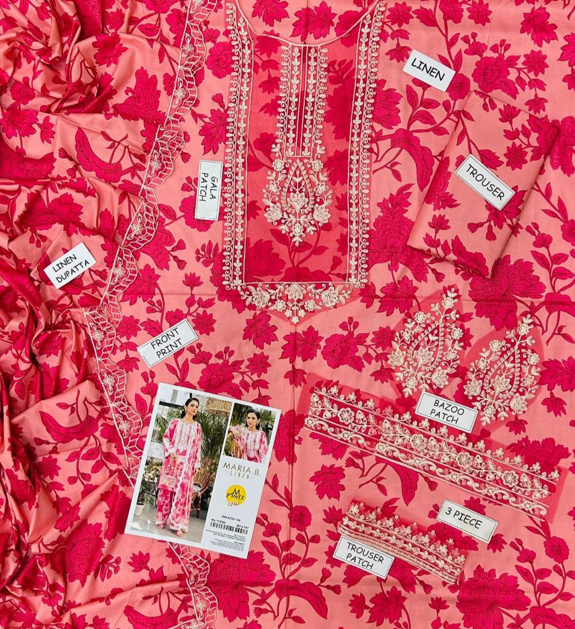 Maria B Digital Printed Linen 3-Piece – Pink Floral | Heavy Embroidery Patches | 4-Side Patti Dupatta