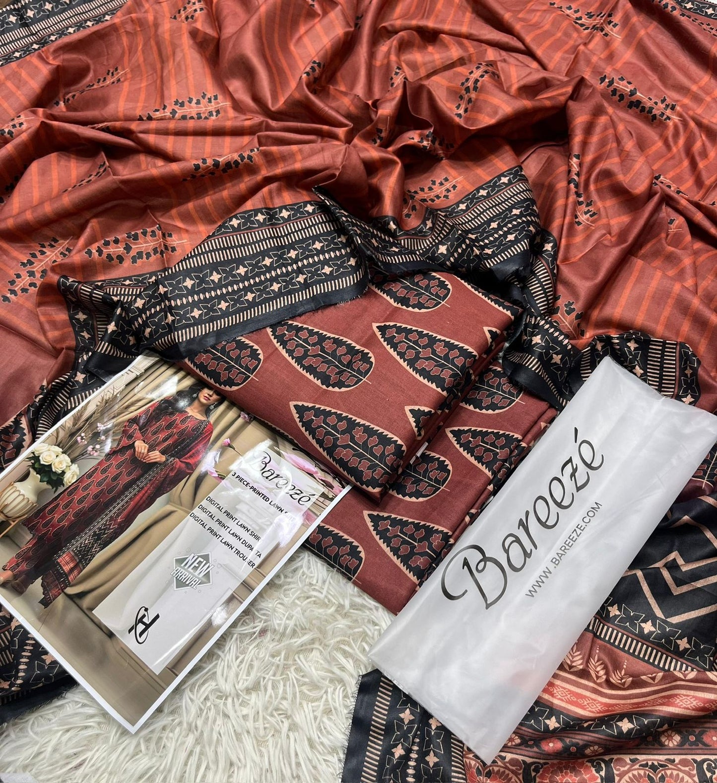 Bareeze Lawn  – 3PC Printed Suit | Rust Brown & Black | Premium Wool Dupatta