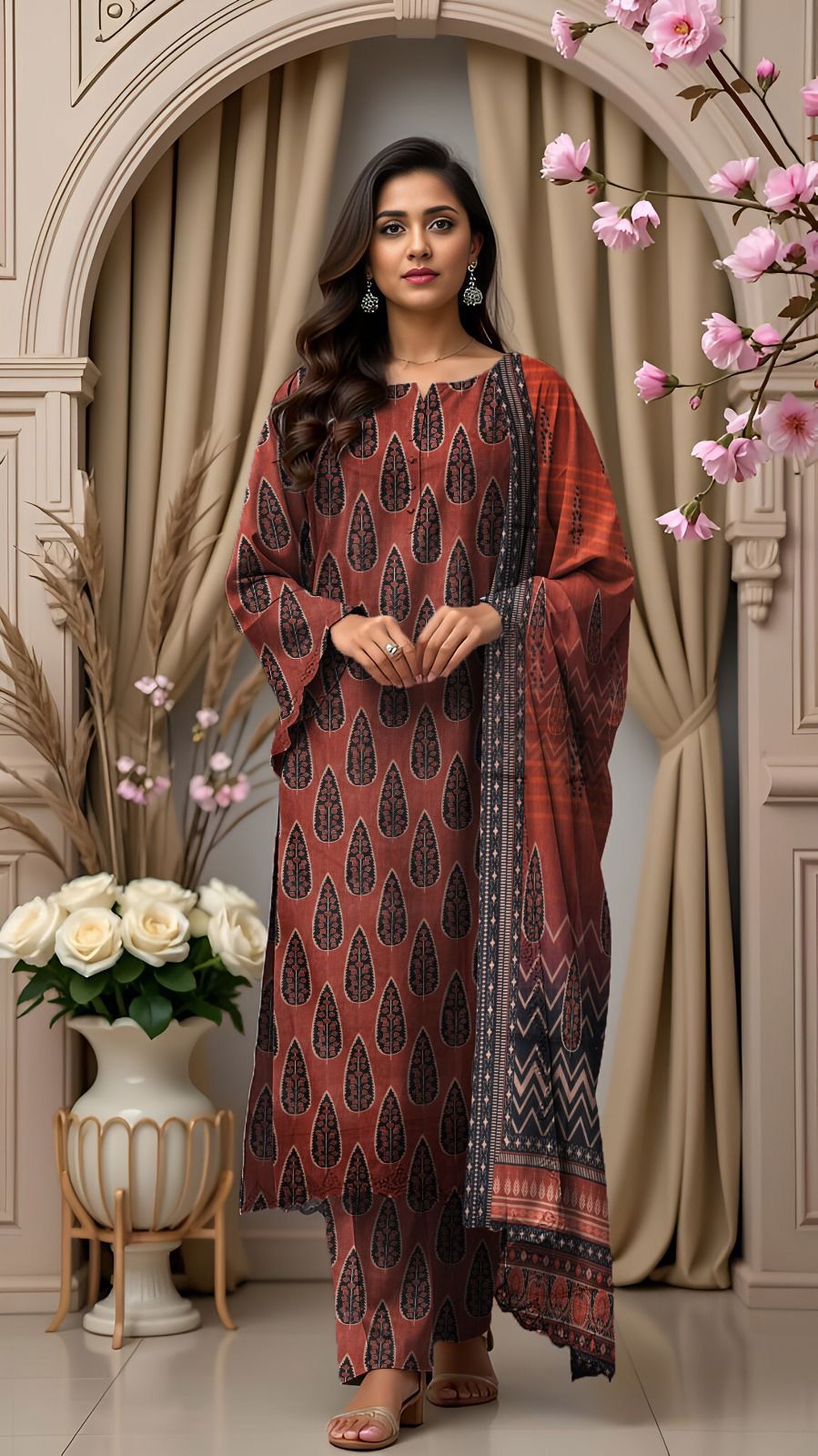 Bareeze Lawn  – 3PC Printed Suit | Rust Brown & Black | Premium Wool Dupatta