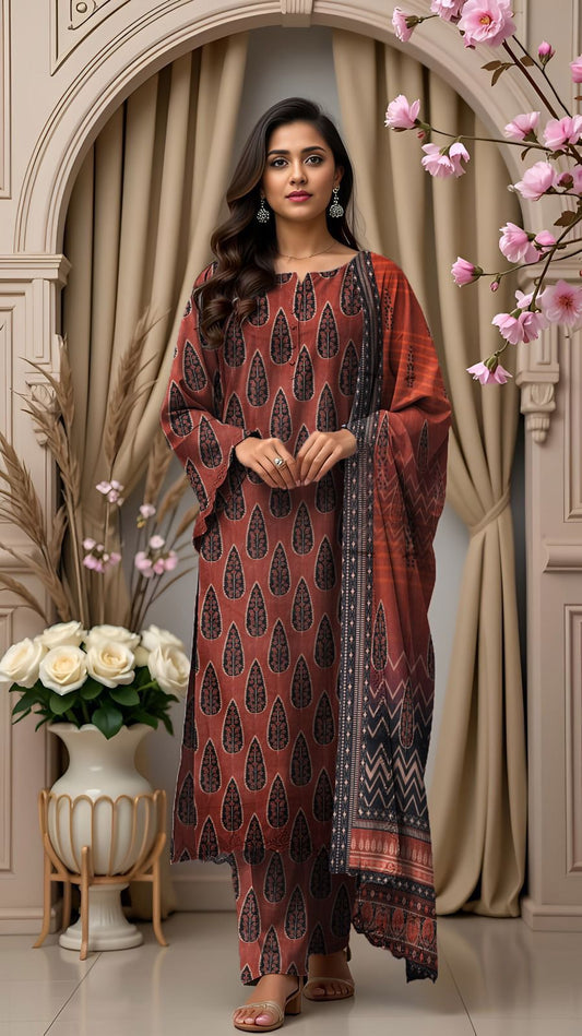 Bareeze Lawn  – 3PC Printed Suit | Rust Brown & Black | Premium Wool Dupatta