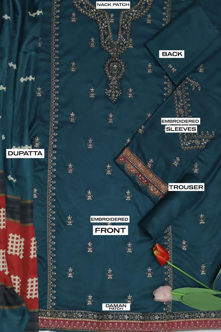 3PC Dhanak Embroidered Suit | Teal Blue & Rust | Digital Wool Shawl