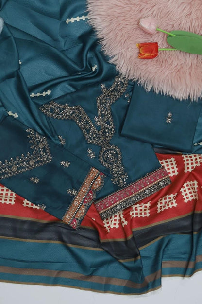 3PC Dhanak Embroidered Suit | Teal Blue & Rust | Digital Wool Shawl