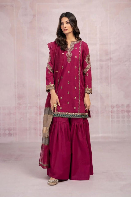 Dhanak 3PC Embroidered Suit | Deep Maroon | Digital Print Dupatta
