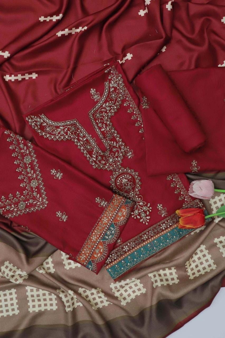 Dhanak 3PC Embroidered Suit | Deep Maroon | Digital Print Dupatta