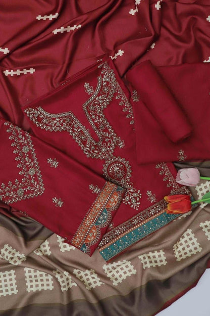 Dhanak 3PC Embroidered Suit | Deep Maroon | Digital Print Dupatta