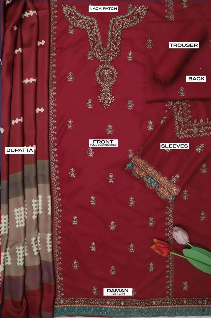 Dhanak 3PC Embroidered Suit | Deep Maroon | Digital Print Dupatta
