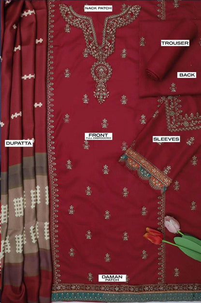 Dhanak 3PC Embroidered Suit | Deep Maroon | Digital Print Dupatta