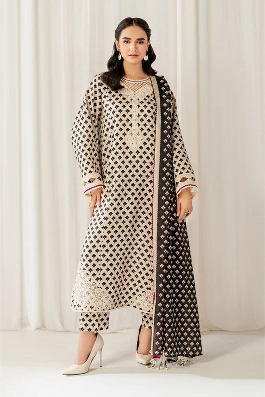 Baroque Digital Printed Linen 3PC Suit | Cream & Black | Embroidered Neck & Daman Patch