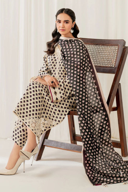 Baroque Digital Printed Linen 3PC Suit | Cream & Black | Embroidered Neck & Daman Patch