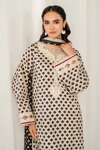 Baroque Digital Printed Linen 3PC Suit | Cream & Black | Embroidered Neck & Daman Patch