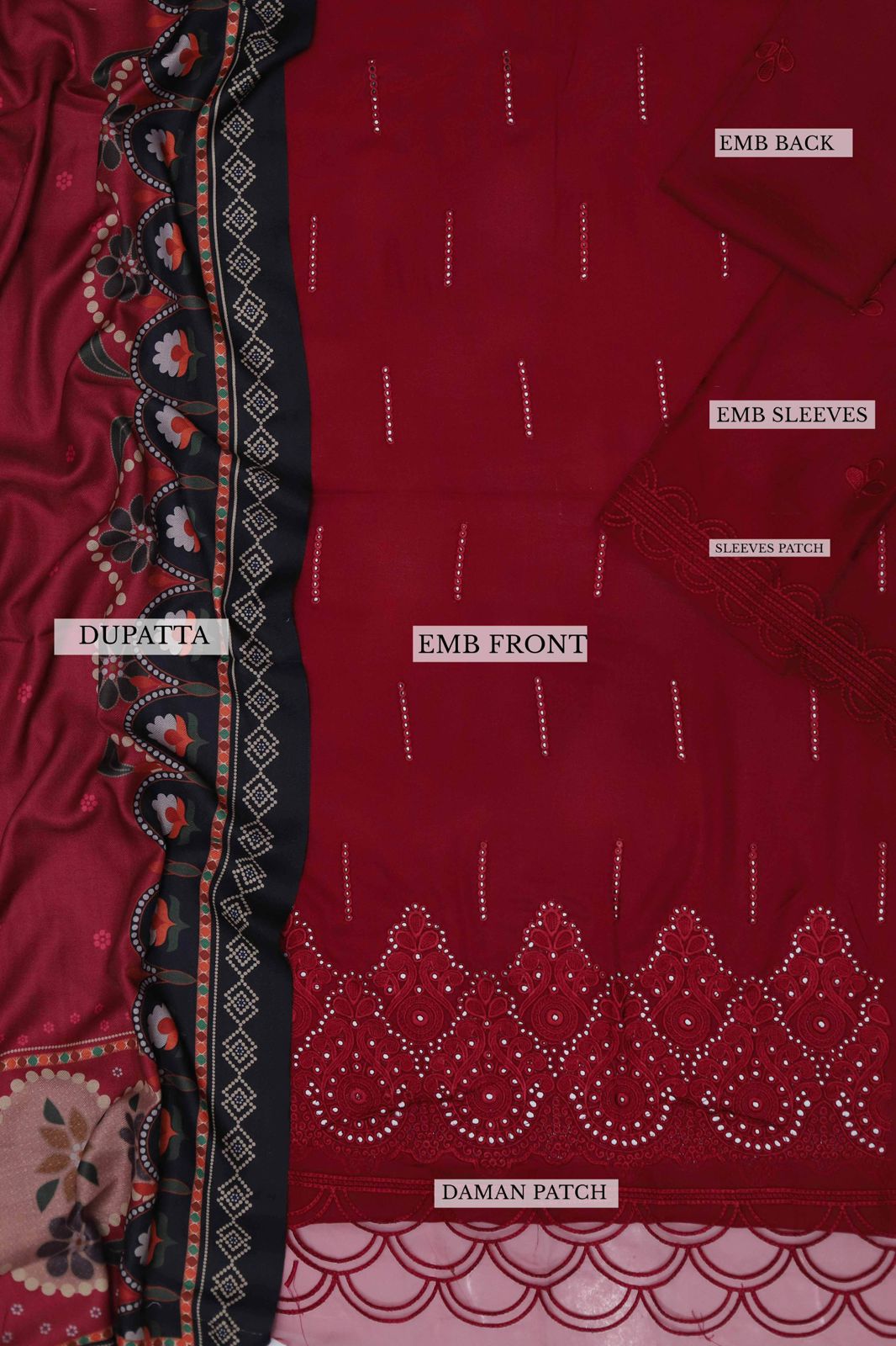 Mahnur Dhanak – 3PC Embroidered Suit | Deep Maroon | Digital Wool Shawl
