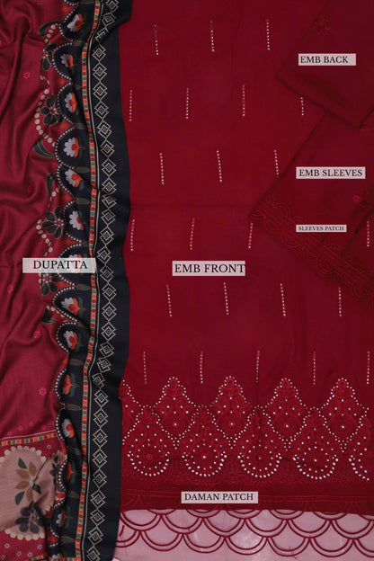 Mahnur Dhanak – 3PC Embroidered Suit | Deep Maroon | Digital Wool Shawl