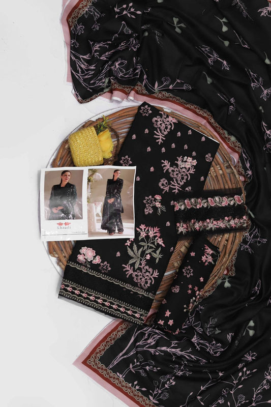 Khaadi Dhanak – 3PC Embroidered Suit | Classic Black & Pink | Wool Shawl