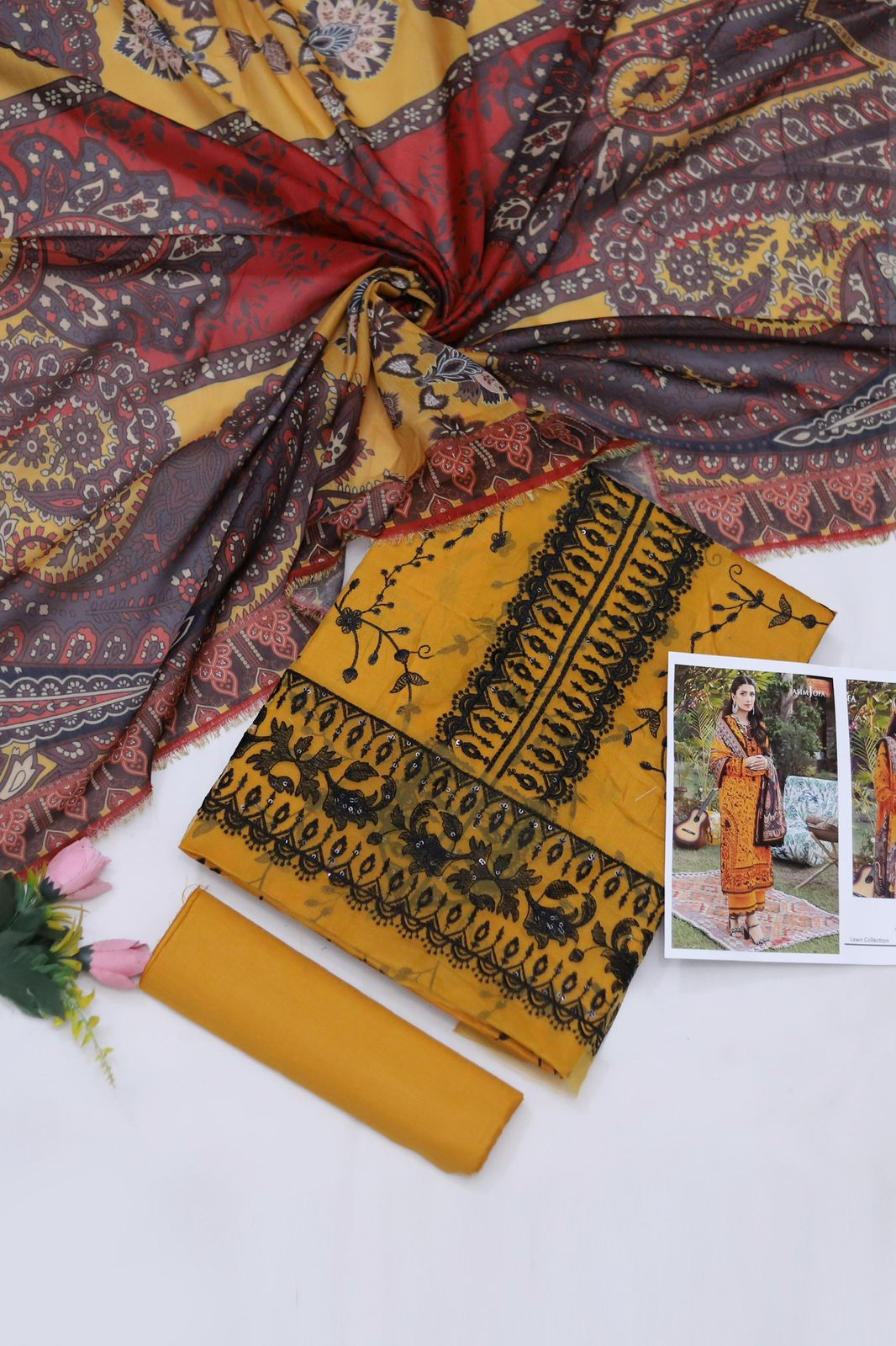 Asim Jofa – 3PC Lawn Suit | Mustard Yellow | Swiss Voile Dupatta
