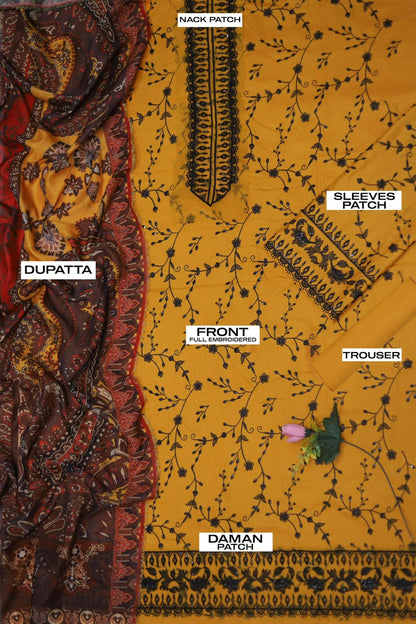Asim Jofa – 3PC Lawn Suit | Mustard Yellow | Swiss Voile Dupatta