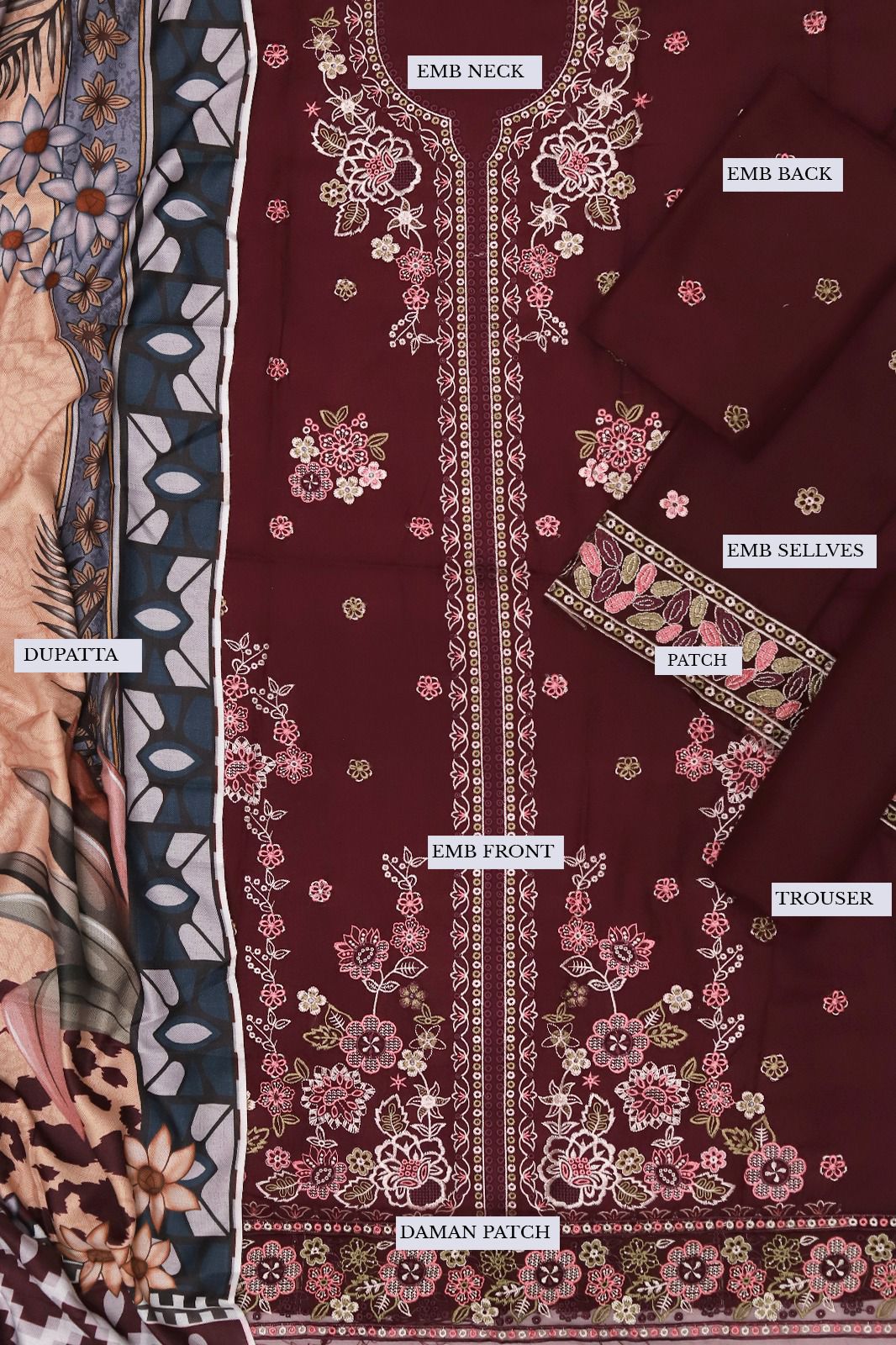 Farasha – 3PC Embroidered Suit | Deep Maroon | Wool Shawl