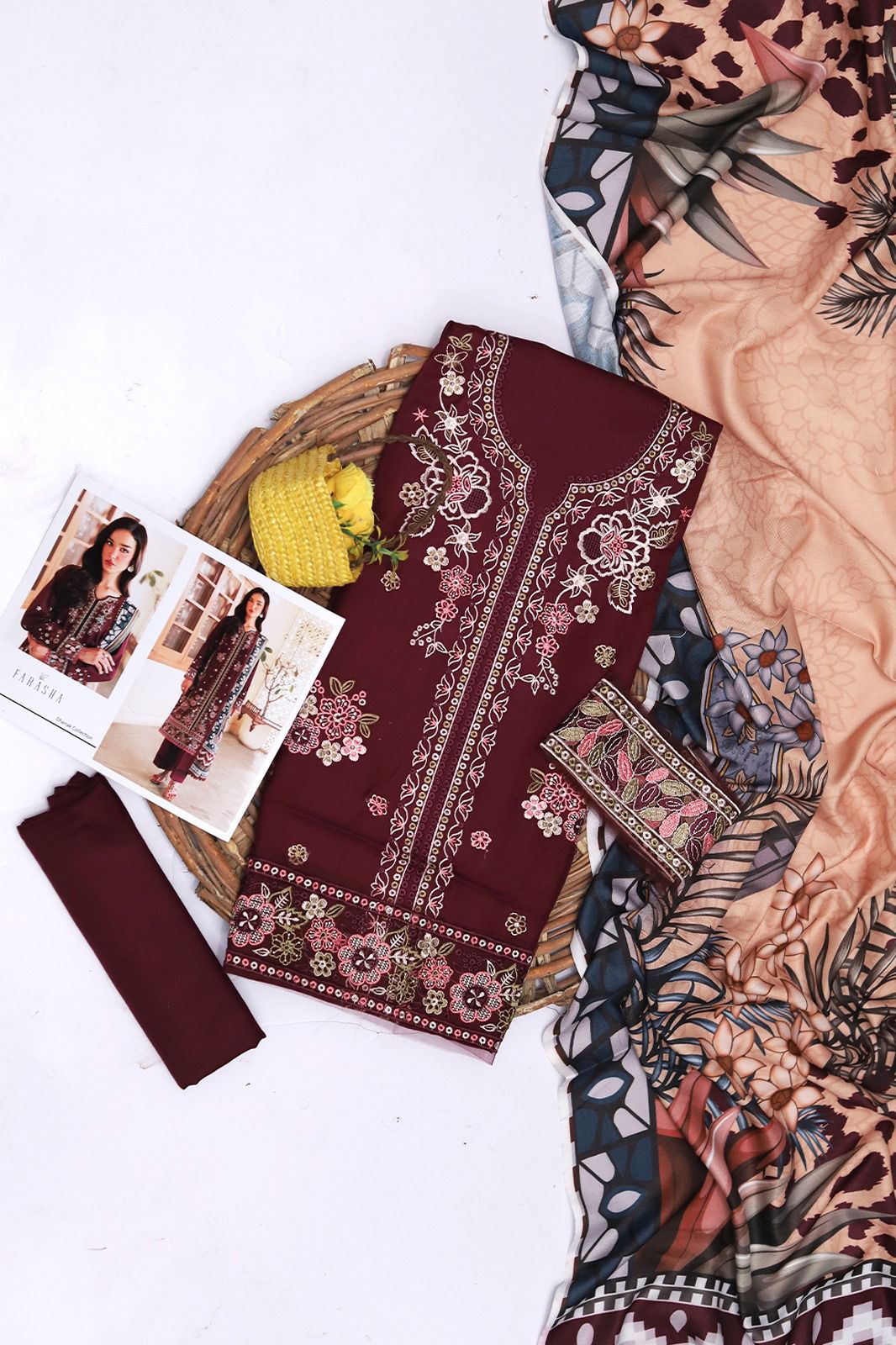 Farasha – 3PC Embroidered Suit | Deep Maroon | Wool Shawl