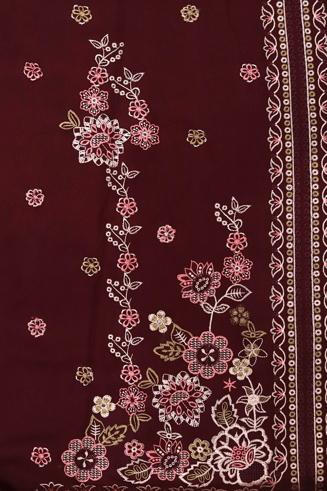 Farasha – 3PC Embroidered Suit | Deep Maroon | Wool Shawl