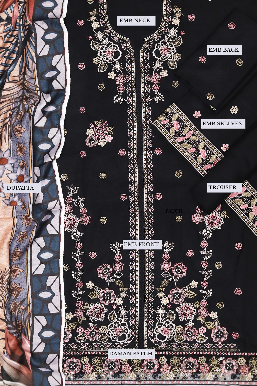 Farasha Dhanak – 3PC Embroidered Suit | Black | Wool Shawl