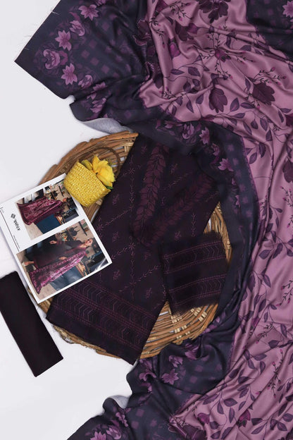 Mahnur Dhanak – 3PC Embroidered Suit | Plum Purple | Wool Shawl