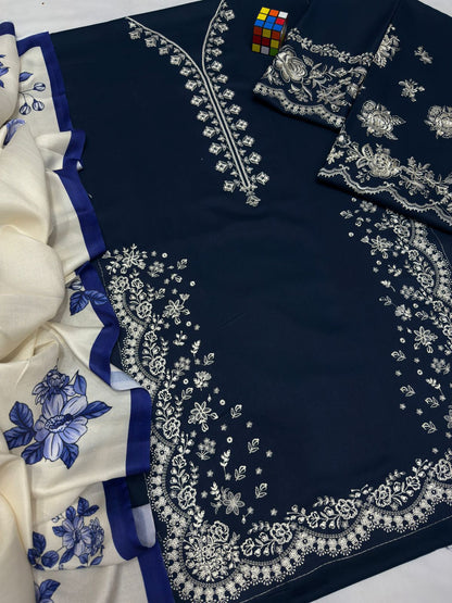 Dhanak Hit Codes – 3PC Embroidered Suit | Navy Blue | Wool Shawl