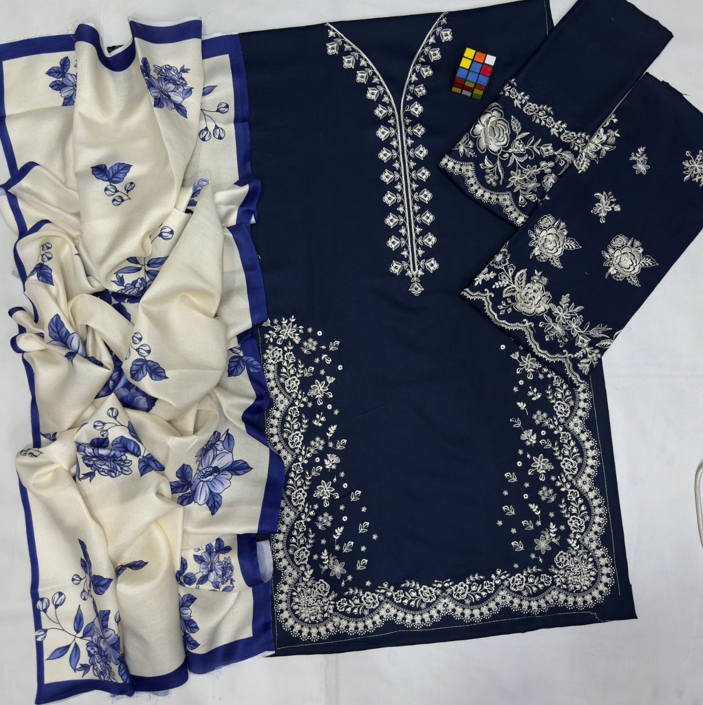 Dhanak Hit Codes – 3PC Embroidered Suit | Navy Blue | Wool Shawl