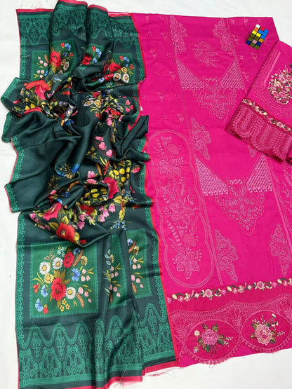 Saira Rizwan – 3PC Embroidered Suit | Hot Pink | Twill/Wool Dupatta