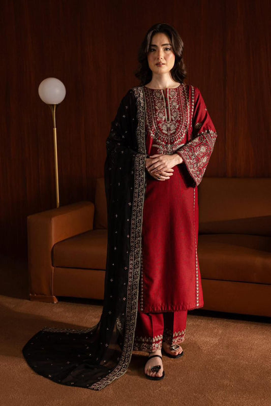 Farasha – Dhanak | Deep Maroon | Embroidered Suit with Black Shawl