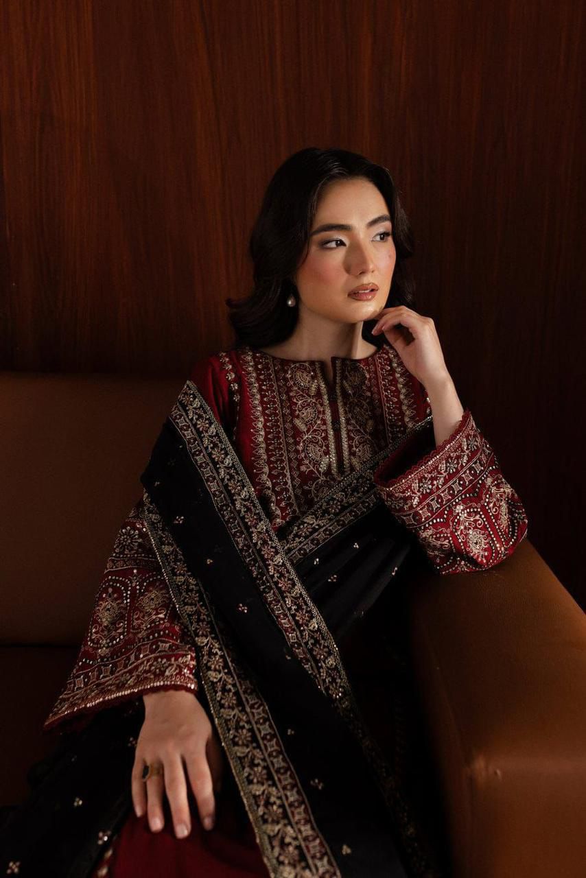 Farasha – Dhanak | Deep Maroon | Embroidered Suit with Black Shawl