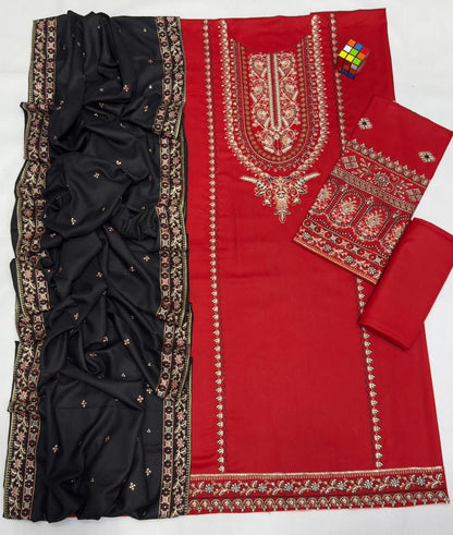 Farasha – Dhanak | Deep Maroon | Embroidered Suit with Black Shawl