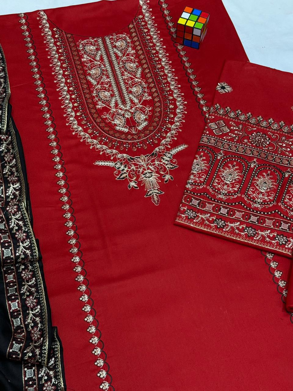 Farasha – Dhanak | Deep Maroon | Embroidered Suit with Black Shawl