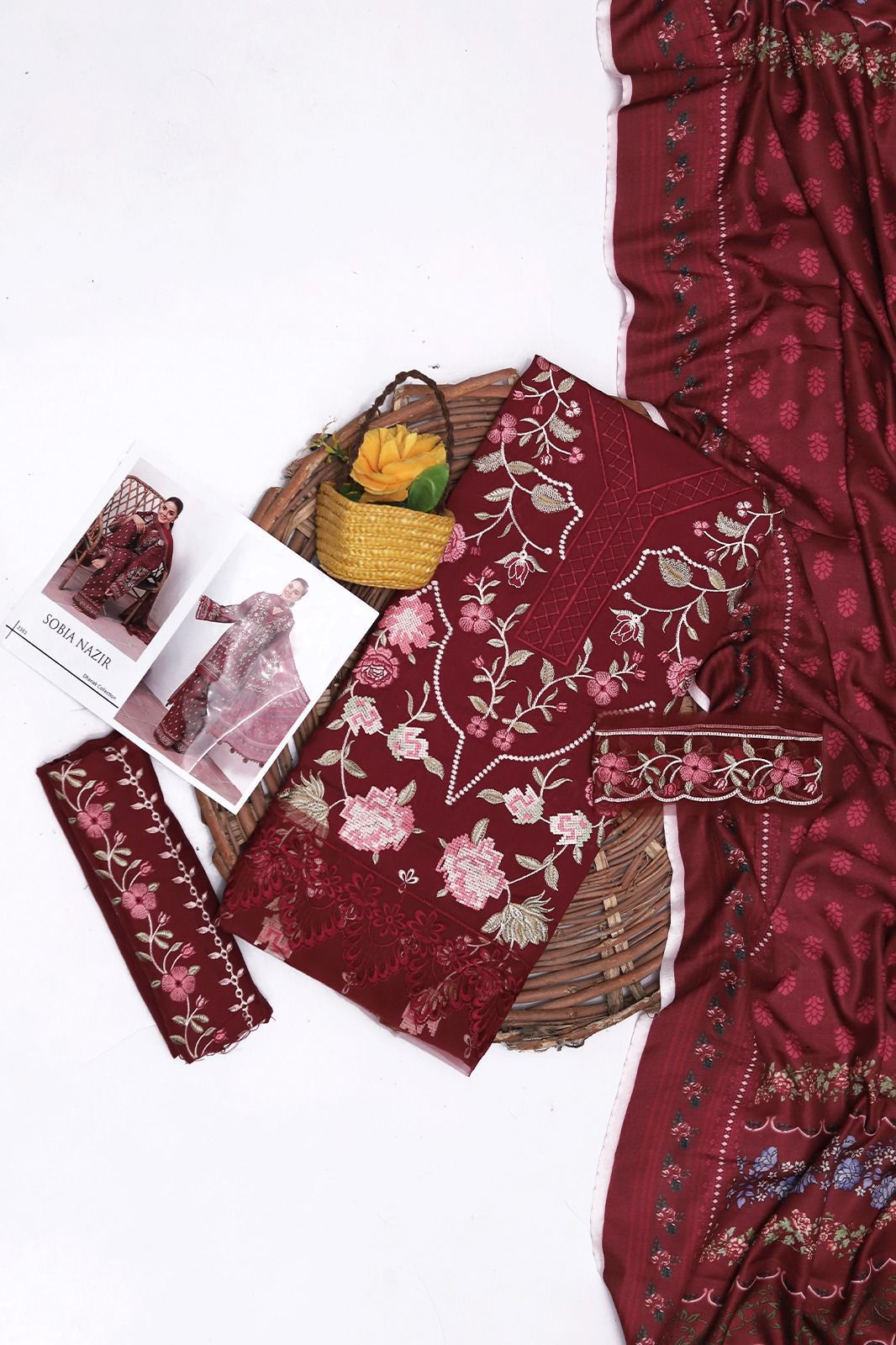 Maroon Dhanak 3-Piece Suit | Heavy Embroidered with Wool Shawl