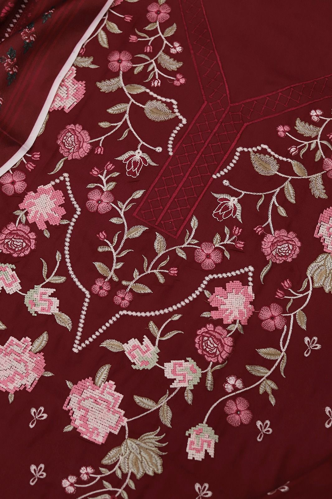 Maroon Dhanak 3-Piece Suit | Heavy Embroidered with Wool Shawl